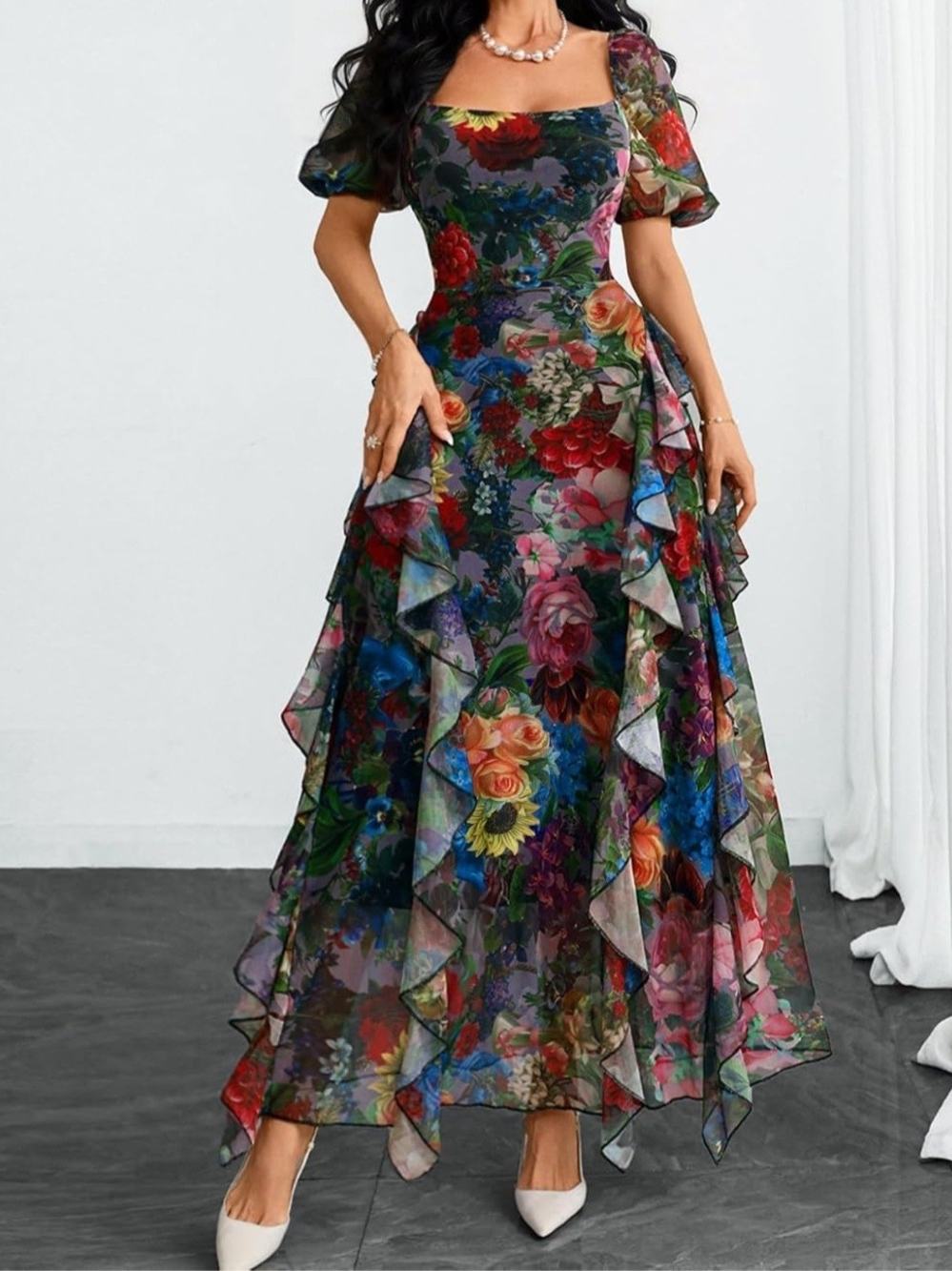 Floral Ruffle Maxi Dress - Multicolor Garden Print